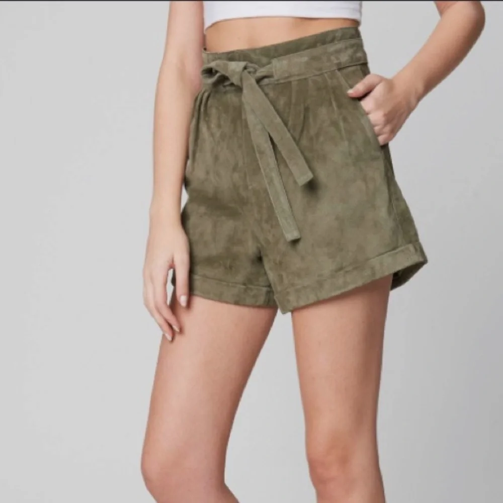 She & Sky Dressy Paper Bag Shorts, green suede, size small